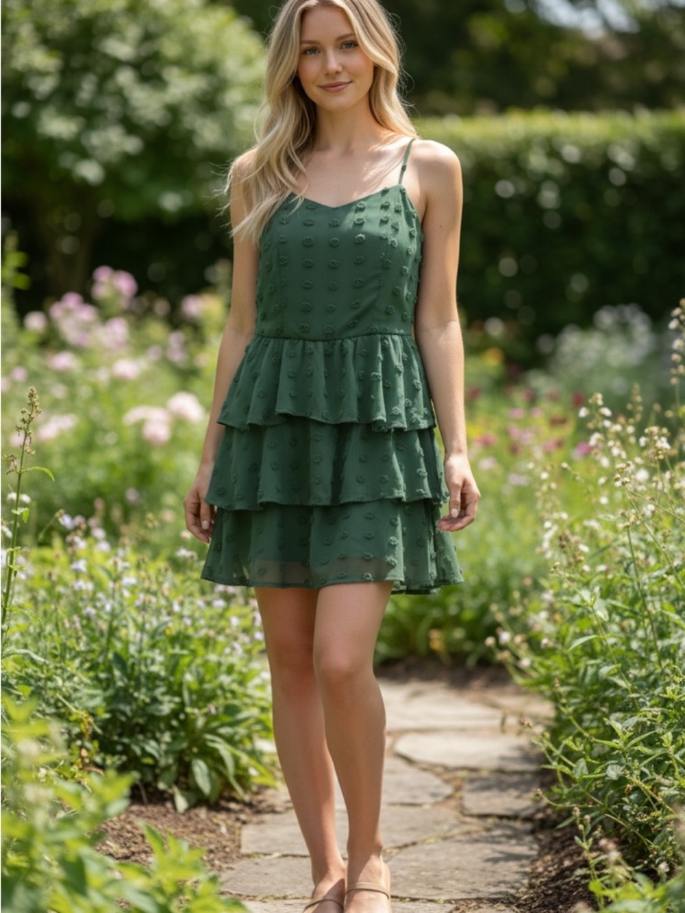 Trixxi Olive Green Tiered Spaghetti-Strap Mini Dress